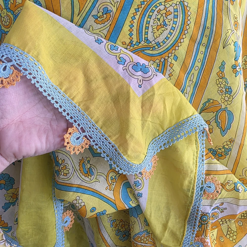 Vintage Huge Scarf Wrap Crochet Trim Resortwear Yellow Paisley Scarf